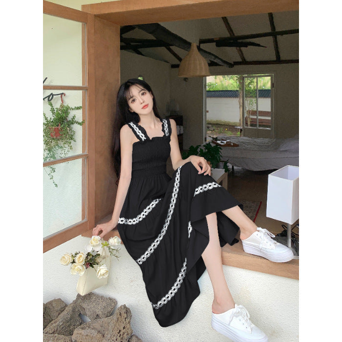 Women Clothing Summer French Gentle Sweet Spaghetti Strap Dress Women Waist Trimming Slimming Dress