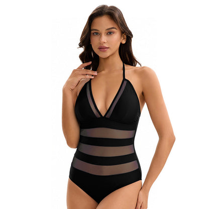 Sexy Triangle One Piece Swimsuit for Women Slimming Solid Color Mesh