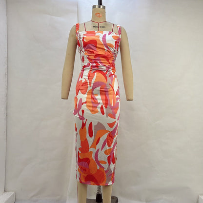 Women Clothing Summer Printing Backless Lace up Slim Strap Dress