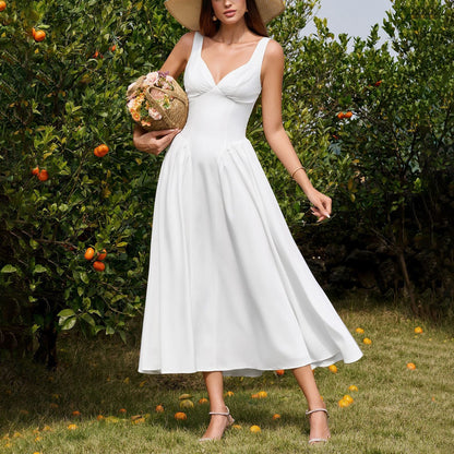 Four Sided Stretch Strap Dress Sexy Deep V Plunge neck Waist Controlled Slimming Pleated Dress