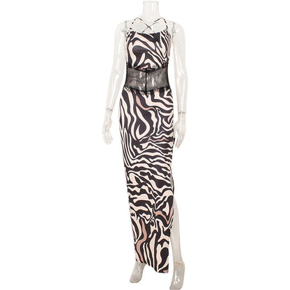 Summer Tiger Pattern Bare Back Mesh Splicing Sling Dress High Slit Beach Vacation Dress