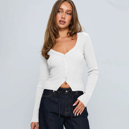 Women Fall Winter V neck Long Sleeve Ribbed Button Cardigan Slim Fit