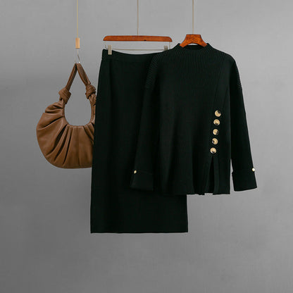 Women Autumn Winter Side Slit Fastener Decoration Sweater Skirt Two Piece Sets