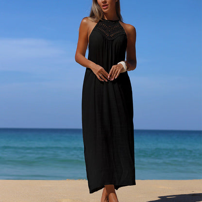 Women Clothing Holiday Beach Hand Crocheting Stitching Suspender Sexy Side Split Sun Protection Long Smock Dress
