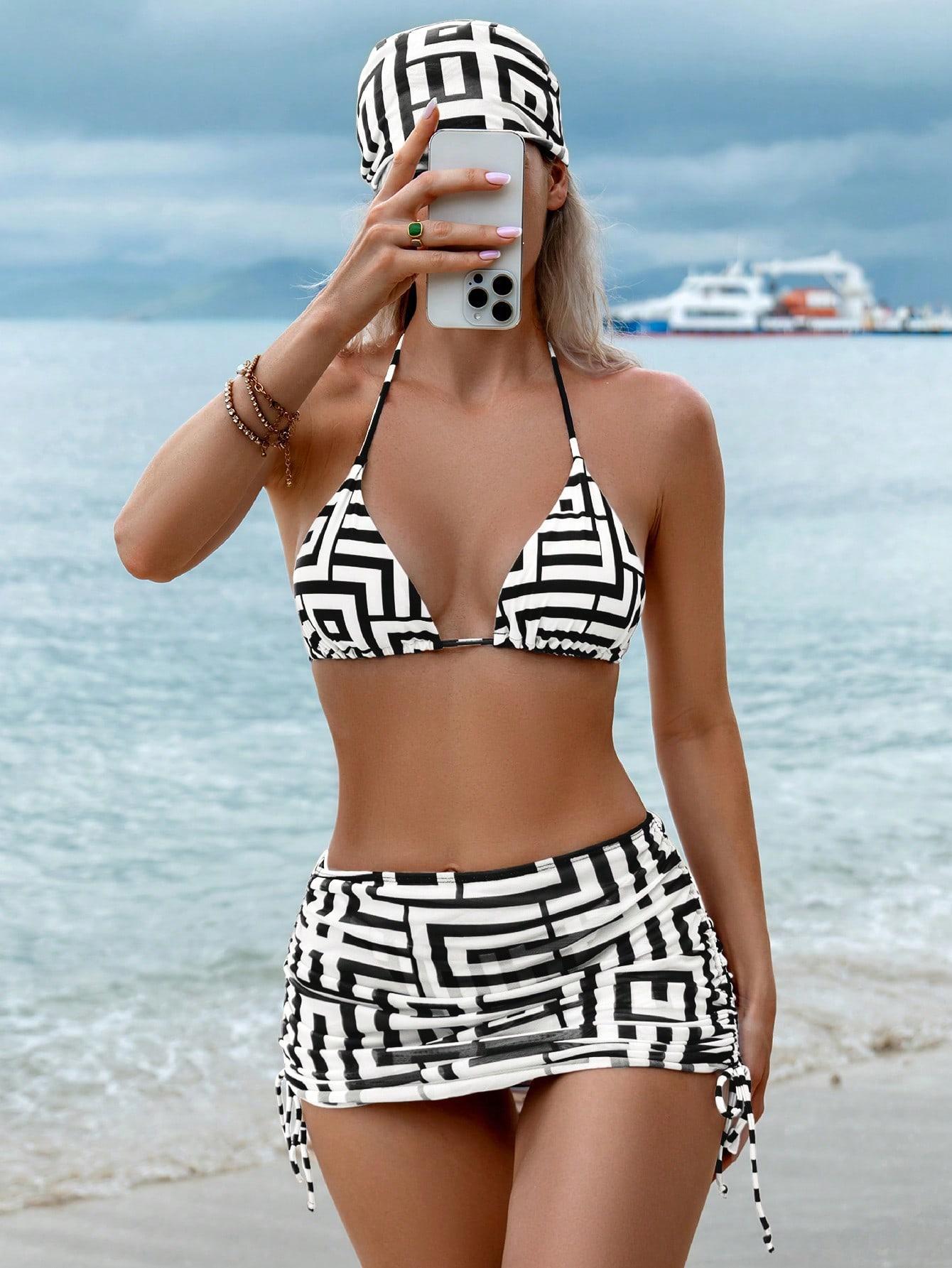 Printing Halter Spaghetti Straps Sexy Bikini Split Lace up Spring