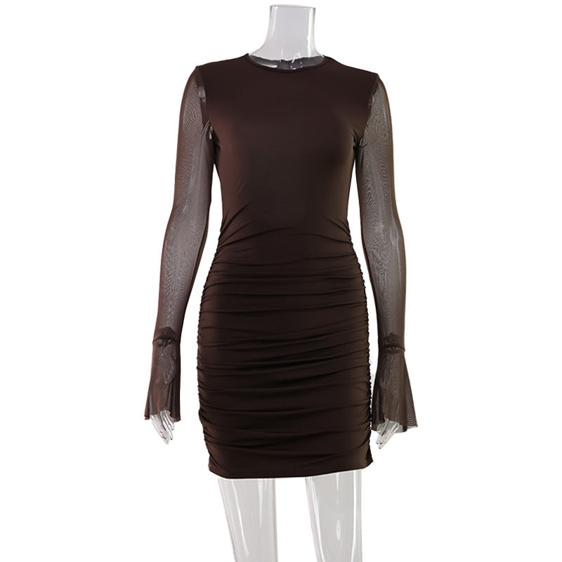 Sexy Women Wear Hollow Out Cutout Backless Mesh Stitching Lightweight Slim Fit Pinch Pleated Sheath Dress Short Dress Women
