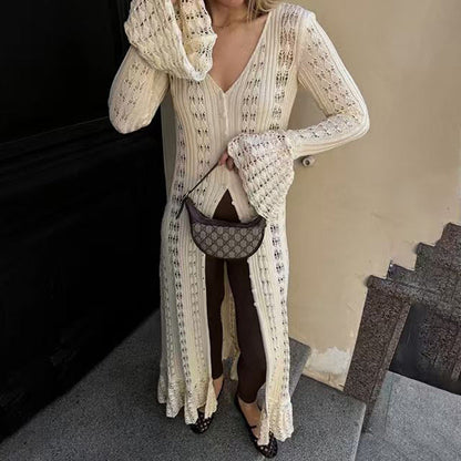 Solid Color Long Knitted Cardigan Coat Hollow Out Cutout Bell Sleeve Idle V neck Women Overall