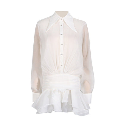Dress Women Summer Polo Collar Solid Color Mesh Pleated Slim Design Long Sleeve Short Dress