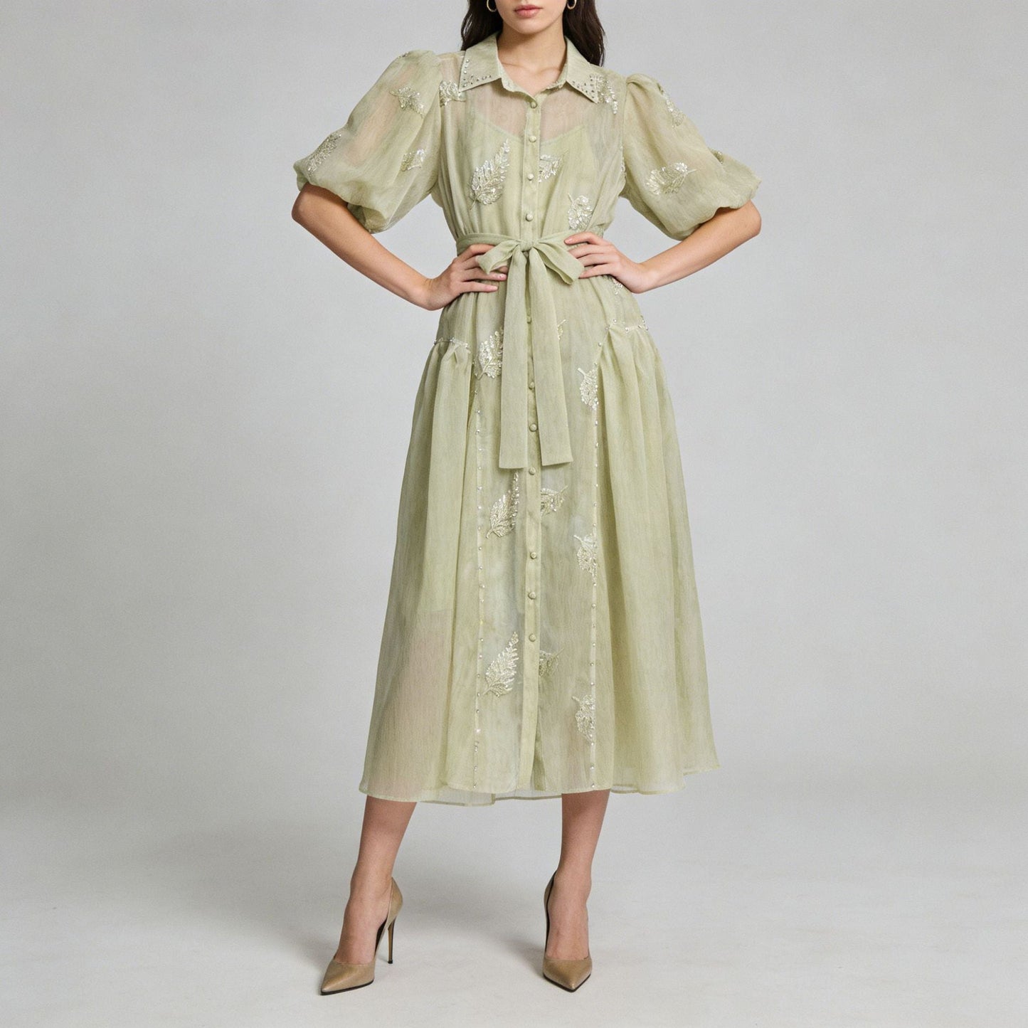 Spring Puff Sleeve Solid Color Waist Tight Collared Patchwork Maxi Dress Two Piece Elegant Dress for Women