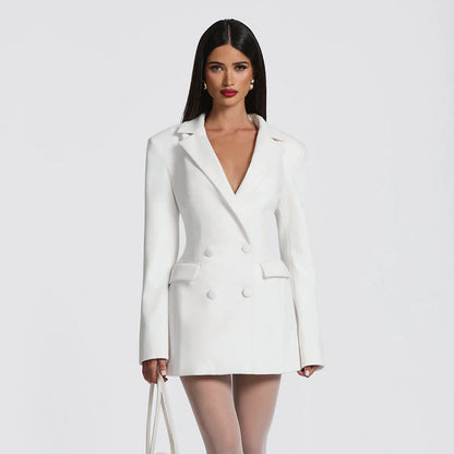 Women Clothing Autumn Solid Color Casual Slim Fit Suit Long Sleeve Bud Faux Pocket Dress