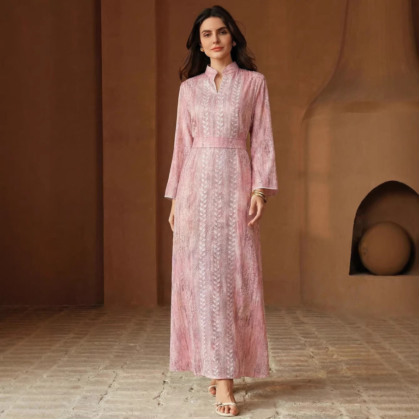 Middle East Muslim Spring Summer Applique Robe Dress with Belt