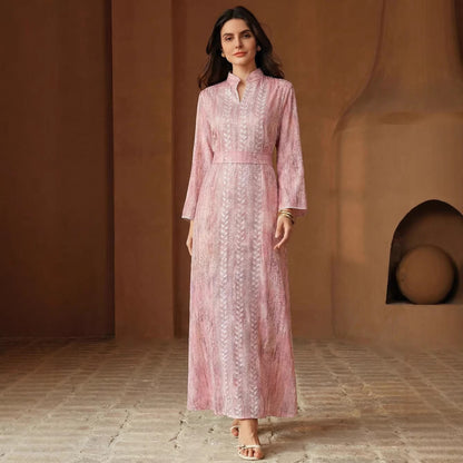 Middle East Muslim Spring Summer Applique Robe Dress with Belt