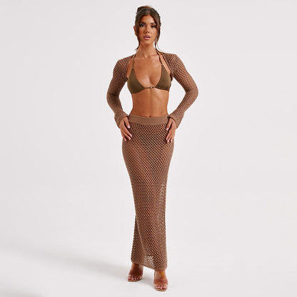 Summer Beach Skirt Set Sexy Cutout Knitting Bikini Swimsuit Blouse Sun Protective Clothing Women