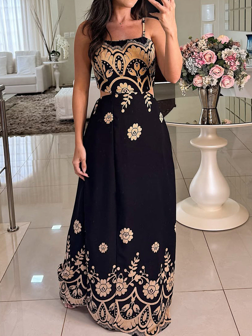 Women Elegant Graceful Spaghetti Strap Vintage Pattern Printing Dress