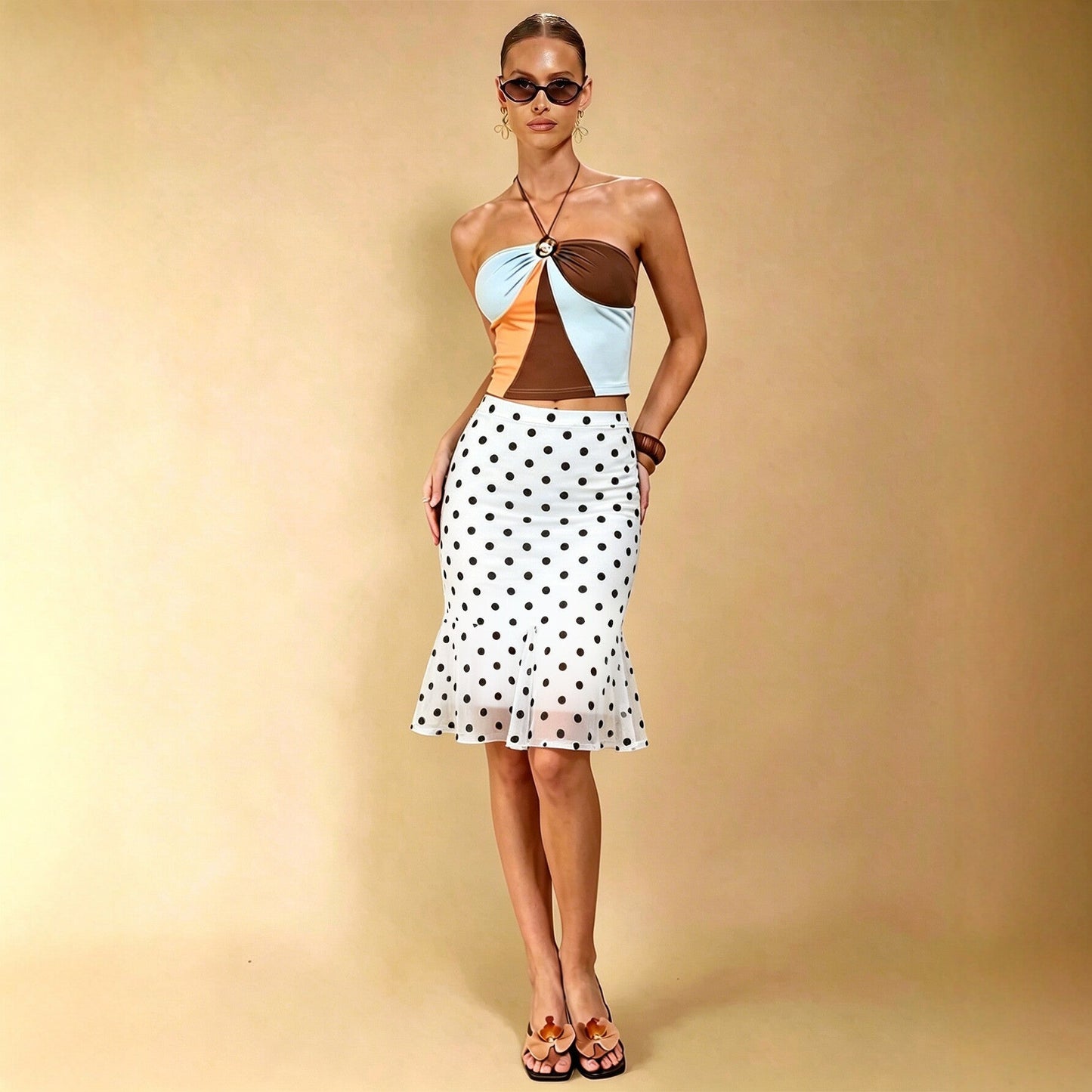 Summer Dot Mesh Fishtail Skirt Retro Ruffled Waist Tight Slimming Skirt