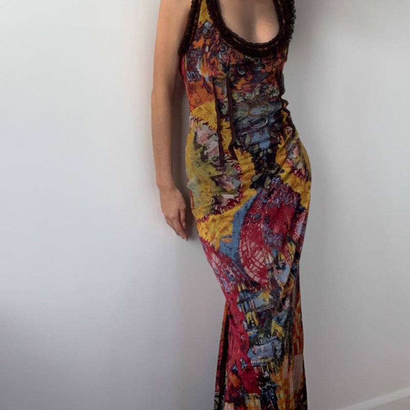 Women Clothing Summer Retro Tie Dyed Printed Sexy U Collar Slim Dress Maxi Dress