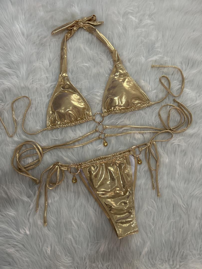 Swimwear Crystal Diamond Solid Color Bikini Women Strap Split Triangle Cup Swimsuit Swimwear