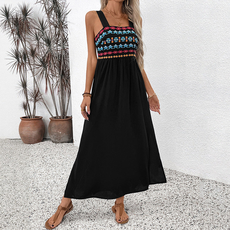 Summer Sleeveless Vacation Spaghetti Straps Maxi Dress Ethnic Embroidery High Sense Dress