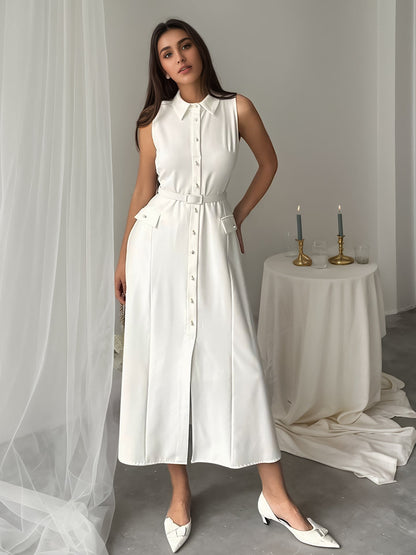 Summer Autumn Arrival Solid Color Sleeveless Belt Pearl Buckle Slim Fit Slit Office Dress