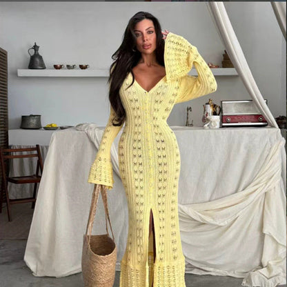 Solid Color Long Knitted Cardigan Coat Hollow Out Cutout Bell Sleeve Idle V neck Women Overall