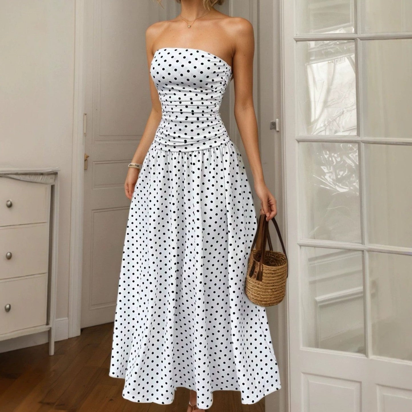 Summer Polka Dot Tube Top Dress Women Slim Fit A line Dress