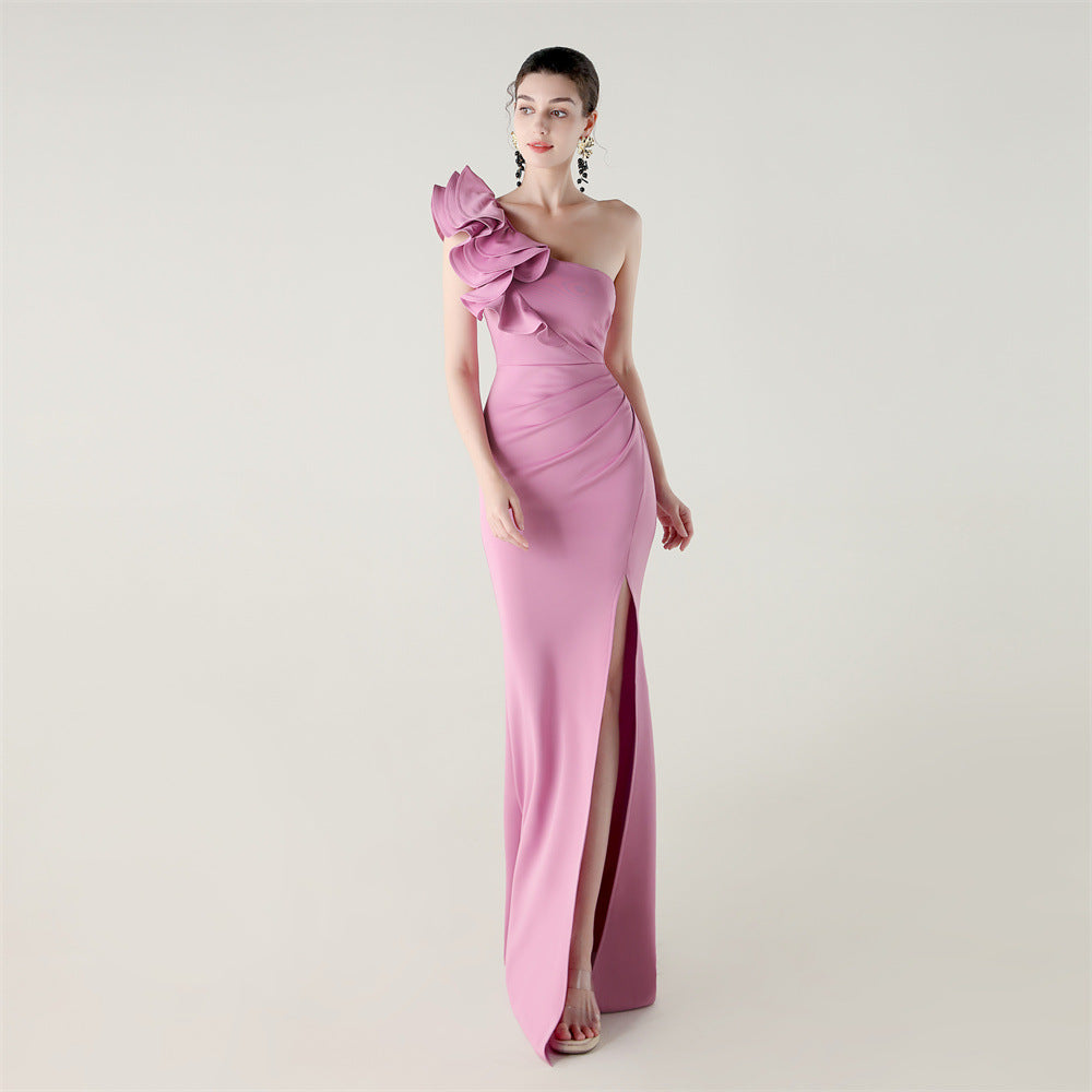 One Shoulder Craft Wave Floral Satin High Slit Sexy Evening Dress Dinner Party Wedding Social