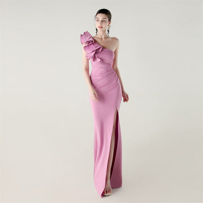 One Shoulder Craft Wave Floral Satin High Slit Sexy Evening Dress Dinner Party Wedding Social
