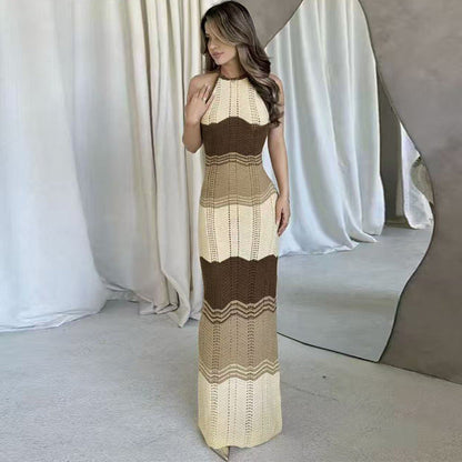 Contrast Color Striped Hollow Out Cutout out Texture Beach Dress Halter Sexy Slim Hip Knitted Dress Seaside Vacation Blouse