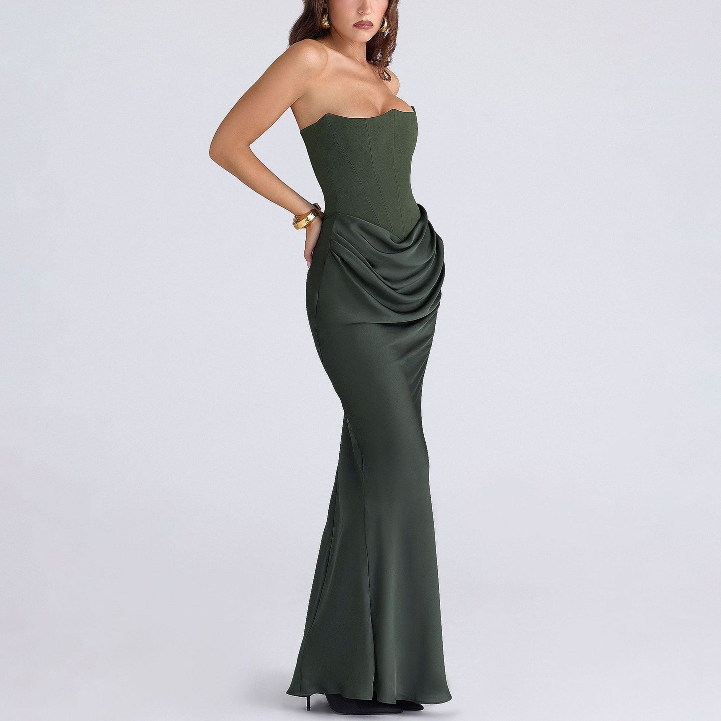 Dress Elegant Sexy Waist Trimming Tube Top Boning Corset Pleated Satin Sheath Dress