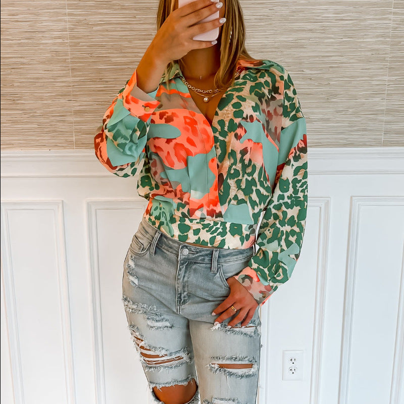 Women Clothing Figure Shirt Autumn Winter Long Sleeve Ladies Printed Shirt