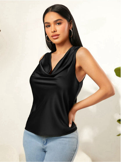 Summer Satin Pile Collar Solid Color Sleeveless Vest Women Sleeveless Blouse