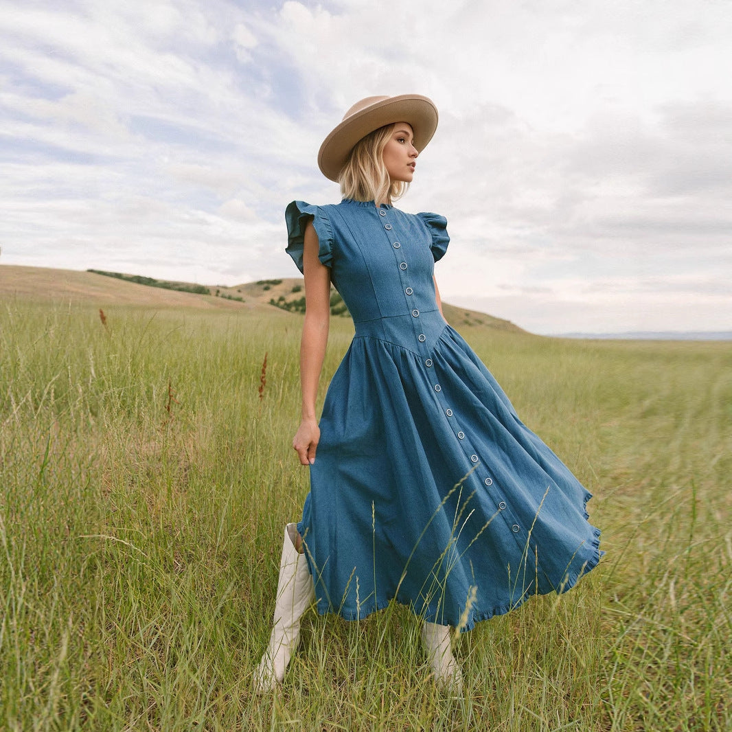 Pastoral Blue Stand Up Collar Denim Like Ruffled Flounced Sleeve Women Dress With Single Breasted Design Vacation