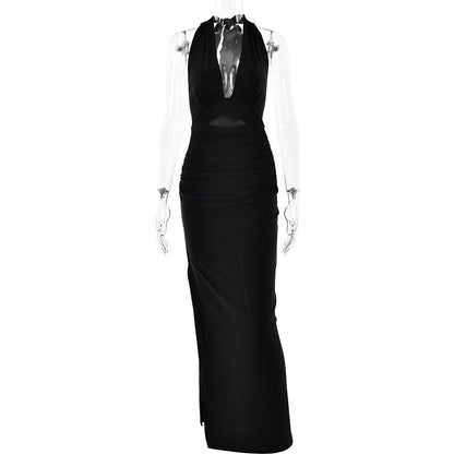 Summer Sexy V neck Halter Backless Dress Solid Color Split Dress