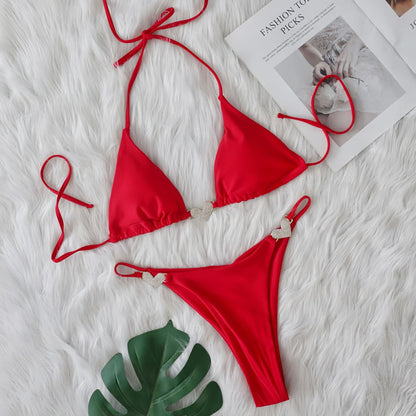 Swimsuit Sexy Heart Crystal Diamond Bikini Strap Split Swimsuit