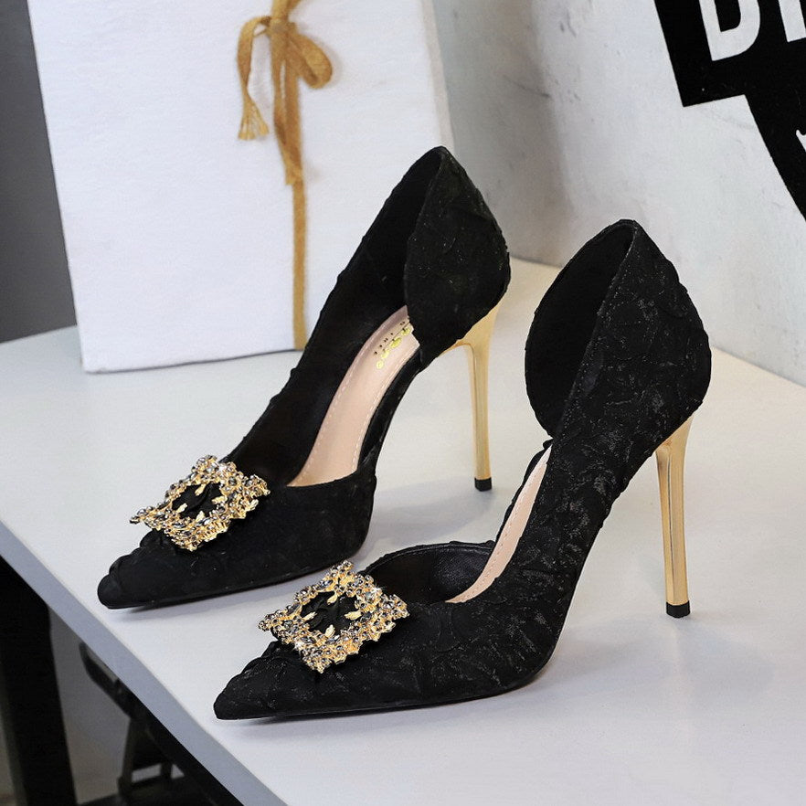 French Rhinestone Square Buckle Side Hollow Out Cutout Slip on Super High Heel Satin Gentle Elegant Stiletto Wedding Shoes