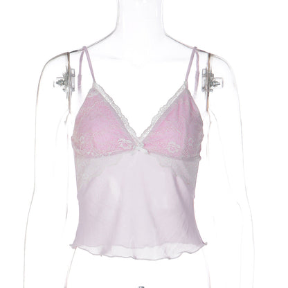 Women Clothing Spring Sexy V neck Lace Edge All Match Sling Small Tank Top