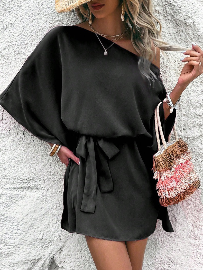 Women Clothing Satin off Shoulder Satin Dress Asymmetric High Waist Dress
