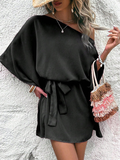 Women Clothing Satin off Shoulder Satin Dress Asymmetric High Waist Dress