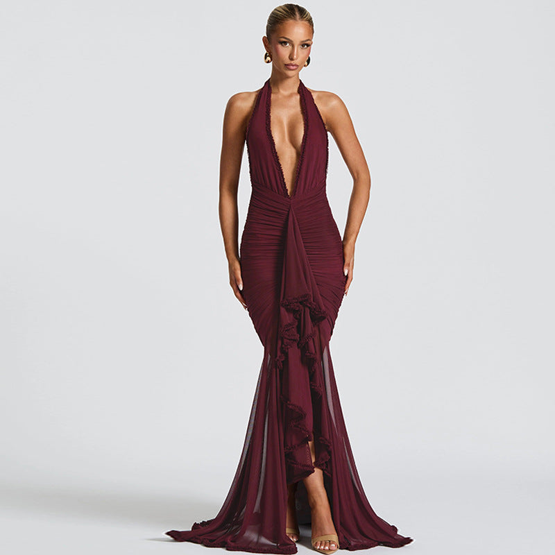 Summer Mesh Stitching Elegant Dress Maxi Dress V neck Halter Backless Sexy Dress Women