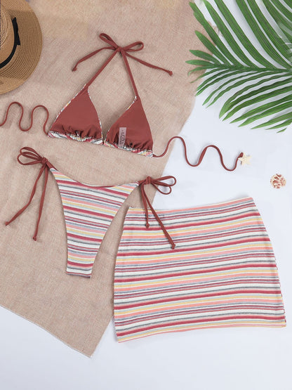 Fresh Color Striped Bikini Swimsuit Overskirt
