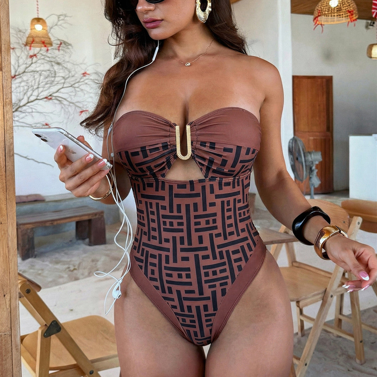 Swimsuit Women Sexy Print V neck Backless Strap Sexy Siamese Bikini Swimsuit
