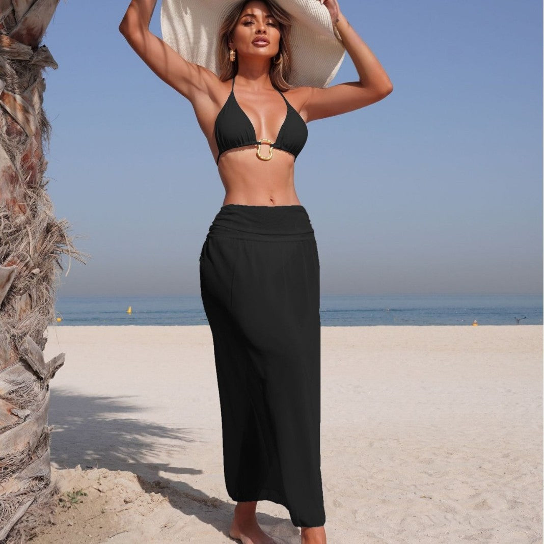 Solid Color Mesh Long Skirt Sexy Swimsuit Women Bikini Three Piece Swimsuit