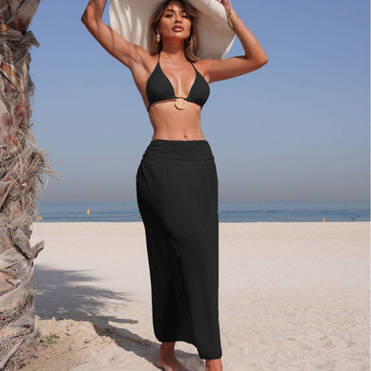 Solid Color Mesh Long Skirt Sexy Swimsuit Women Bikini Three Piece Swimsuit