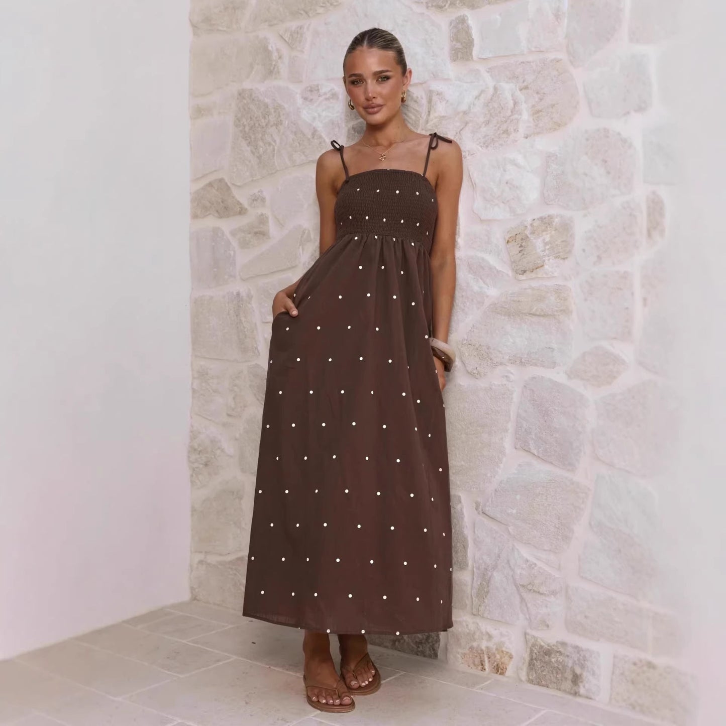 Polka Dot Printing Slip Dress Summer Tied High Waist Dress Women Dress