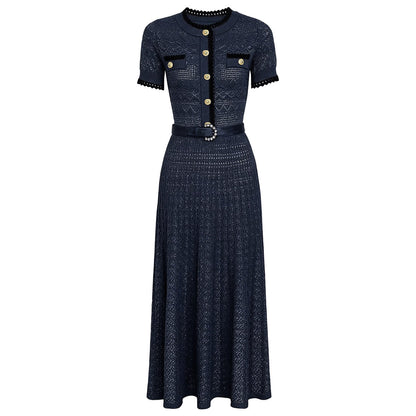 Summer Ladies Internet Popular Slim Fitting Figure Flattering Belt Short Sleeve Long Pattern Dress Women