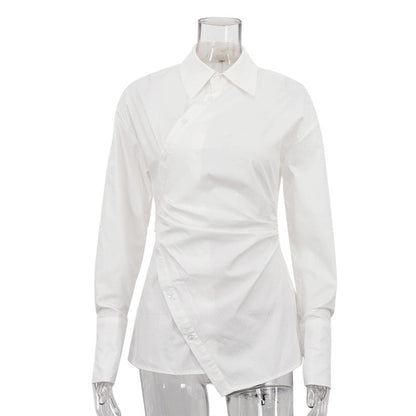Cotton White Collared Long Sleeve Waist Women Shirt Cross Design Irregular Asymmetric Cardigan Top