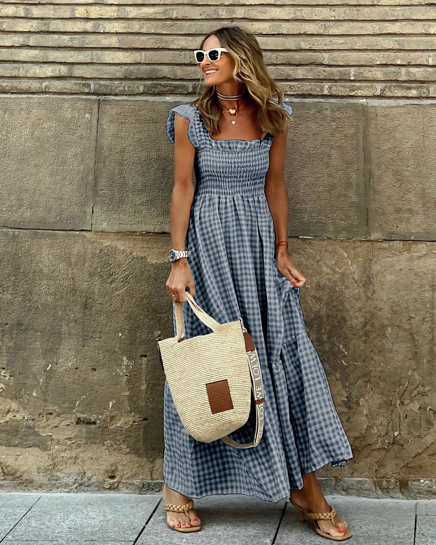 Summer Women Patchwork Plaid Sling Elastic Swing Dress