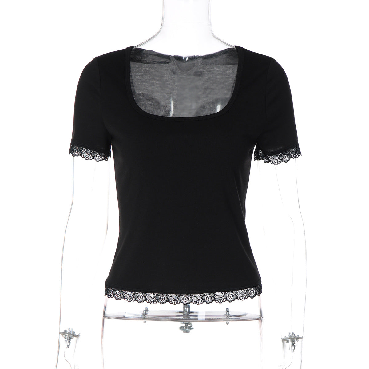 Women Summer Lace Stitching T shirt Slim U Neck Bottoming Top