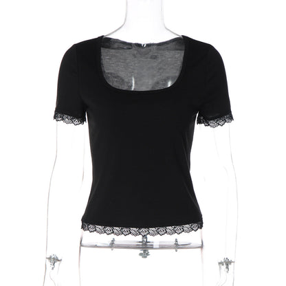 Women Summer Lace Stitching T shirt Slim U Neck Bottoming Top