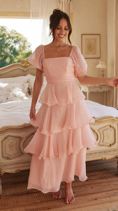 Backless Puff Sleeve Tiered Dress Long